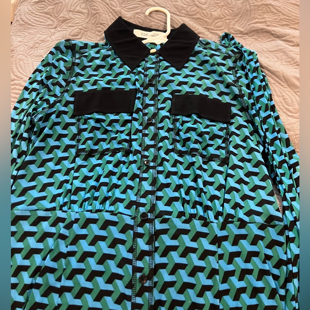 DVF Shirt Dresses | Andi Mesh Mini Shirt Dress L Geo Emerald/Black- size M - Picture 4 of 5